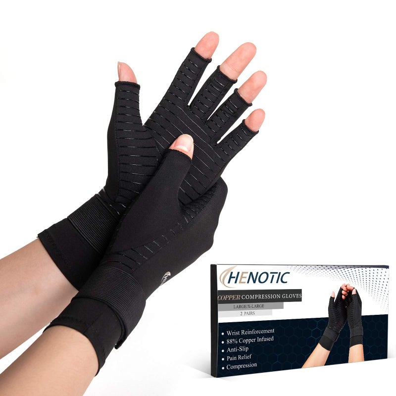HENOTIC 2 Pairs Copper Arthritis Gloves for Women Men Wrist Reinforcement Fingerless Arthritis Compression Gloves for Relieving Carpal Tunnel Aches Rheumatoid Pains Joint Swell